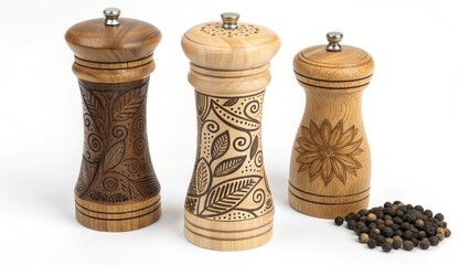 Three Wooden Pepper Mills Floral and Leaf Designs