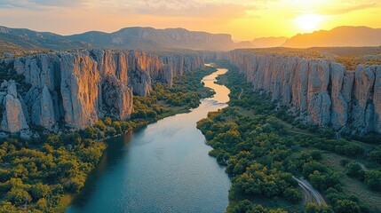 A breathtaking sunset over a winding river surrounded by towering cliffs and lush greenery