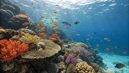 Vibrant Reef Sunlit Coral and Fish Swarm