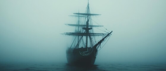 Obraz premium A ghostly ship with towering masts emerges from the fog, shrouded in mystery and maritime lore on an endless, mist-covered ocean.