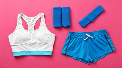 Workout Outfit White Sports Bra, Blue Shorts and Headbands