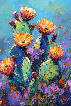 Vibrant Cactus Blooms Impasto Painting with Bold Brushstrokes and Rich Color Palette