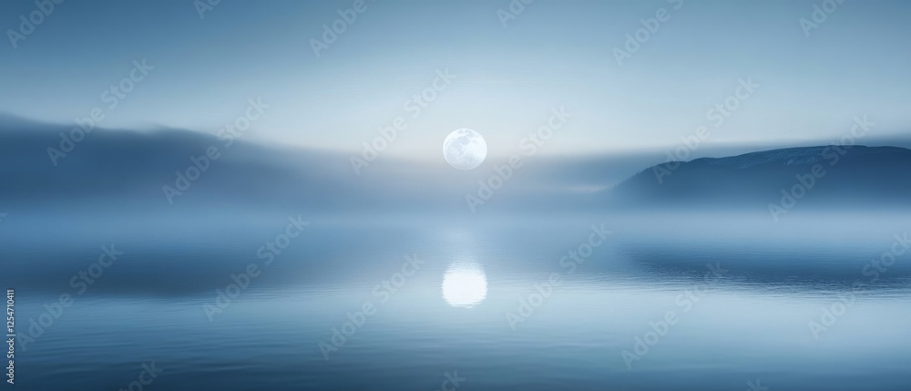 Wall mural a full moon casts a luminous reflection on still waters beneath a hazy sky, creating an otherworldly