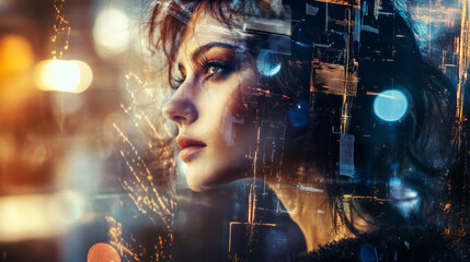 woman thoughtful gaze blends with cityscape at night