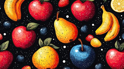 Colorful pattern of various fruits including apples, bananas, and berries on a dark background