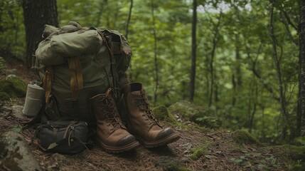 Hiking equipment in forest. Backpack and leather ankle boots. Panoramic view with copy space