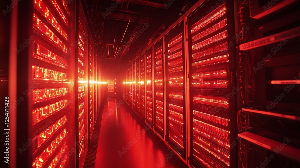 Poster illuminated server racks with red lights in a data center corridor