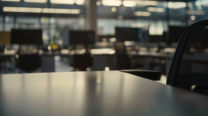 Empty office desk with vacant chairs and monitors, symbolizing layoffs and workplace downsizing. Concept of job loss, corporate restructuring, and economic uncertainty in modern business environment.