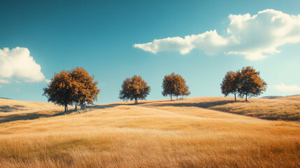 Fototapeta premium Five trees on golden field under blue sky with clouds