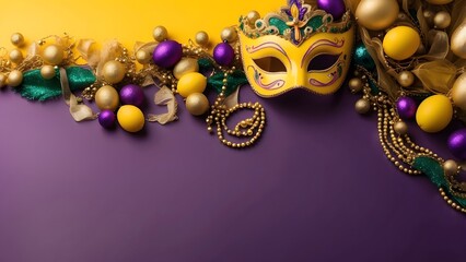 Mardi Gras banner with empty space Without Text, Yellow Luxury background, holiday banner poster background for advertisement ads