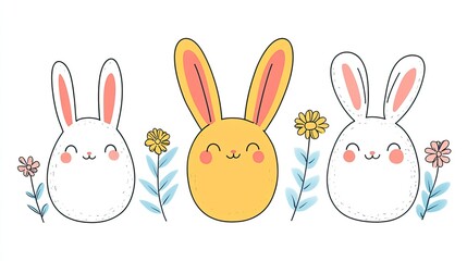 Fototapeta premium Three cute cartoon rabbits in pastel colors surrounded by flowers, conveying joy and springtime