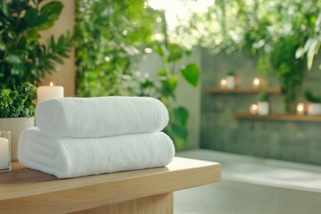 Luxurious spa setting with soft towels and calming greenery in a serene atmosphere