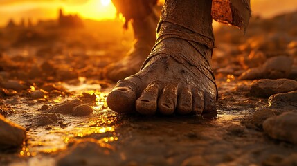 Muddy feet walking on wet ground at sunset with warm golden light and rocky texture