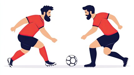 Two soccer players in red jerseys face off while a soccer ball rolls between them on a plain background