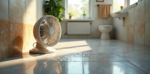 Floor fan drying wet bathroom tiles after cleaning, washroom, drying, floor fan