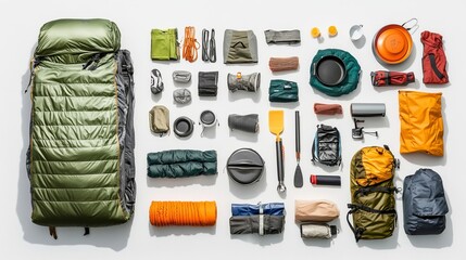 Top view of sport equipment and gear for trekking and camping. Collection of cookware, sleeping bag, travel accessories, etc. isolated on white background