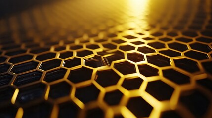 Golden honeycomb structure with a shallow depth of field creating a warm and abstract pattern