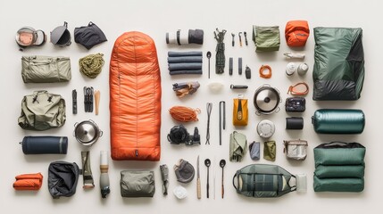 Top view of sport equipment and gear for trekking and camping. Collection of cookware, sleeping bag, travel accessories, etc. isolated on white background