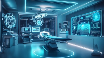 Naklejka premium Futuristic operating room with advanced technology and glowing blue lights creating a sterile ambiance