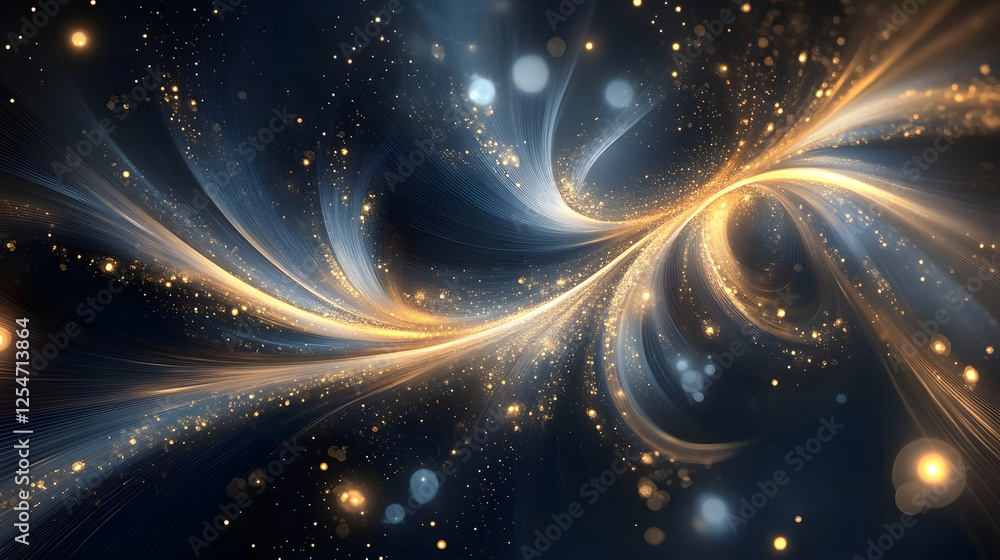 Poster dark background with swirling gold and white patterns creating a luminous abstract design