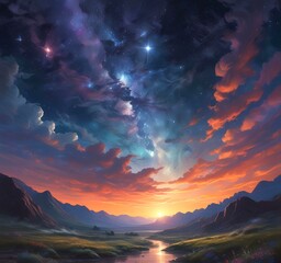 Illustration of landscape with starry sky.