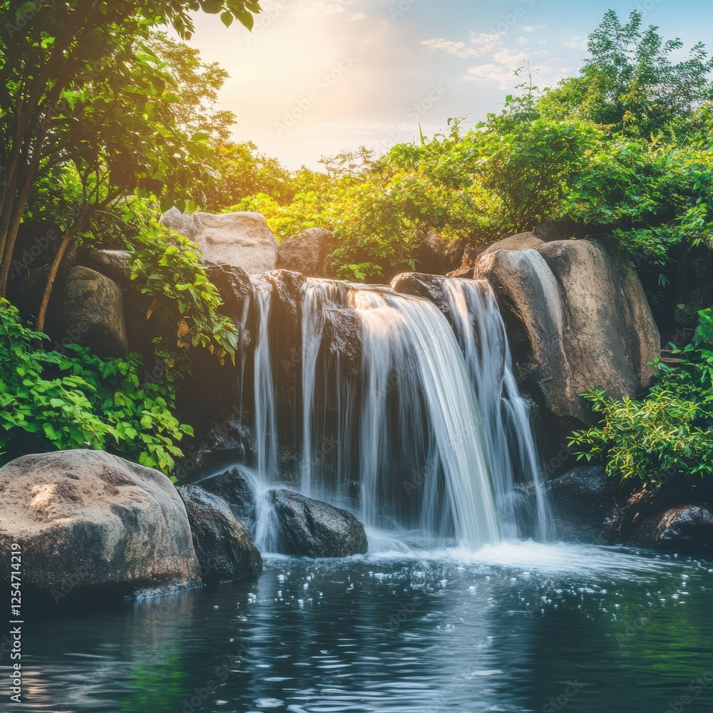 Poster majestic waterfall cascading over rocks surrounded by lush greenery at sunset near a tranquil pond. 