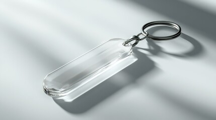 Clear acrylic keychain on white background, sunlight