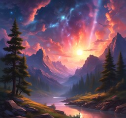 Naklejka premium Illustration of landscape with starry sky.