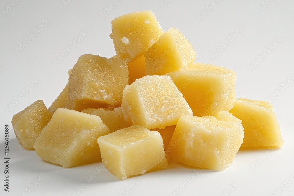 Poster pile of yellow cheese cubes on a white surface in a studio setting with soft light