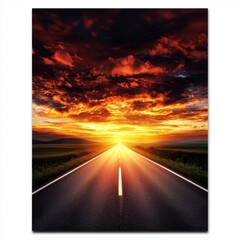 Scenic Sunset Over Open Road Surrounded by Mountains and Vibrant Clouds