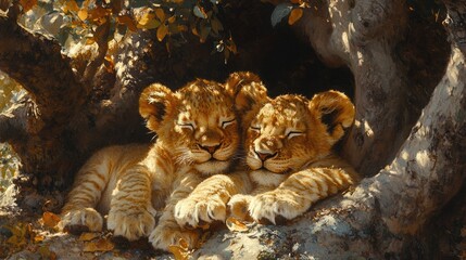 Two lion cubs peacefully sleeping under a tree, surrounded by warm sunlight and leaves