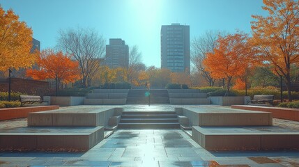Vibrant autumn park scene with colorful foliage, modern architecture, and serene atmosphere