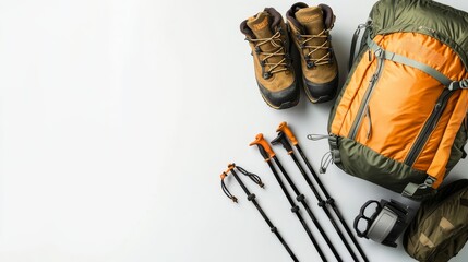 Flat lay of sport equipment and clothes for hiking and trekking. Top view of walking poles, backpack, boots, etc. isolated on white background