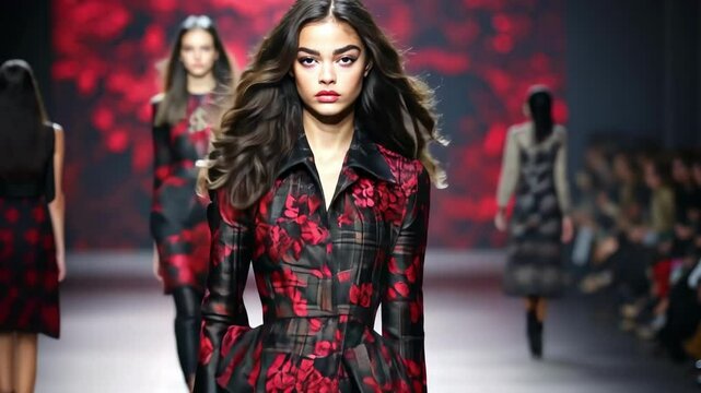 Fashion models presenting stunning autumn winter clothing collection on runway