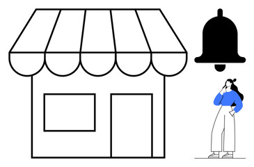 Storefront with window and door under an awning. Woman thinking, holding a book. Notification bell symbol. Ideal for business alerts, store promotions, entrepreneurship, consumer behavior, ideas