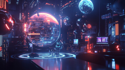 Futuristic digital sphere in high tech room with glowing screens