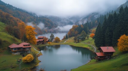 Fototapeta premium Morning evaporation of water over the lake - Amazing autumn landscape with Karagol (Black lake) - A popular destination Black Sea, Savsat, Artvin