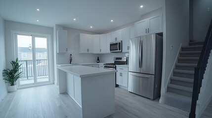 Modern white kitchen, stairs, balcony view. Home interior design