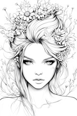 Antistress image of a beautiful girl with flowers. for adult and children's coloring books