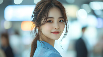 Fototapeta premium Korean businesswoman wearing blue smart-casual smiling at office activity