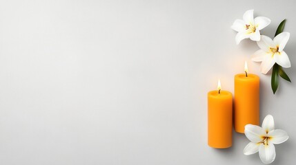 Funeral Banner with Burning Candles and White Lilies on Grey Background
