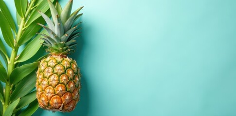 Fototapeta premium Vibrant pineapple with green leaves, flat lay style, image, green