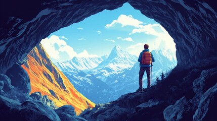 Adventurous hiker standing at a cave entrance overlooking rocky mountains.