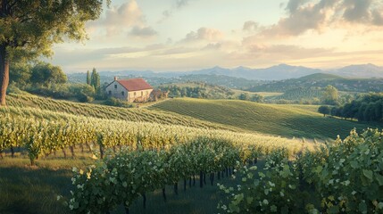 A serene vineyard landscape with rolling hills and a rustic villa in the background.