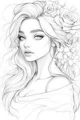 Fototapeta premium Antistress image of a beautiful girl with flowers. for adult and children's coloring books
