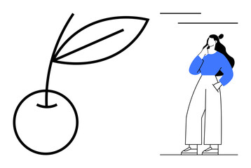 A large planting seed with a leaf and a woman in blue pondering beside it. Ideal for growth, contemplation, innovation, nature, future planning, minimalism, design thinking. Abstract line flat