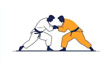 Two martial artists in a dynamic grappling stance on a plain background, showcasing technique