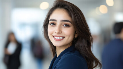 Pakistani businesswoman wearing blue smart-casual smiling at office activity