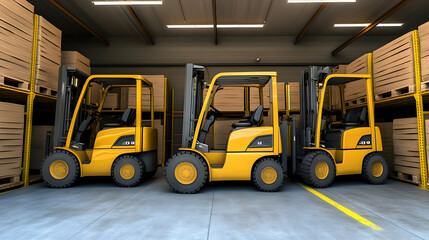 Naklejka premium Three forklifts in warehouse storage