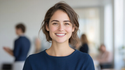 Australian businesswoman wearing blue smart-casual smiling at office activity